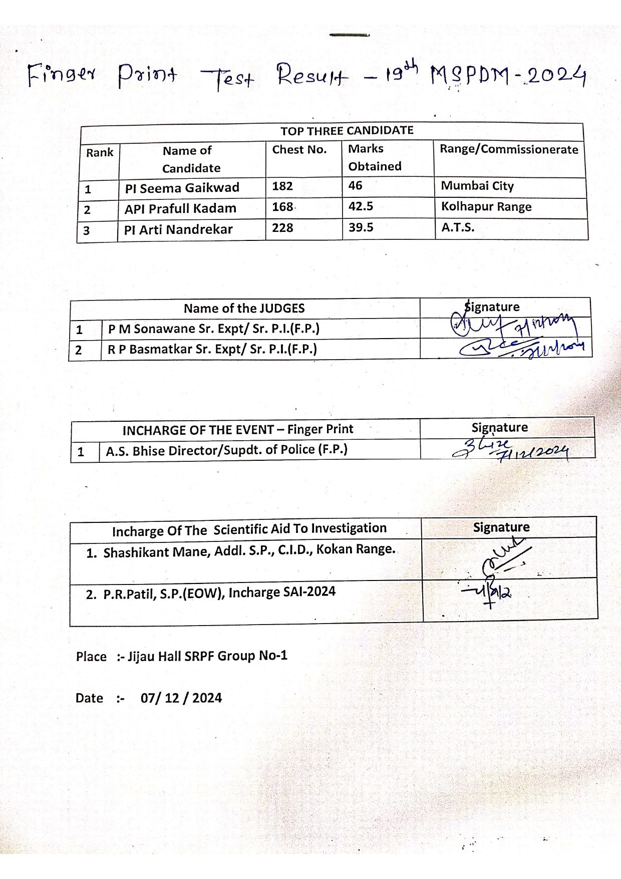 Scientific Aid to Investigation (Fingerprint Test)